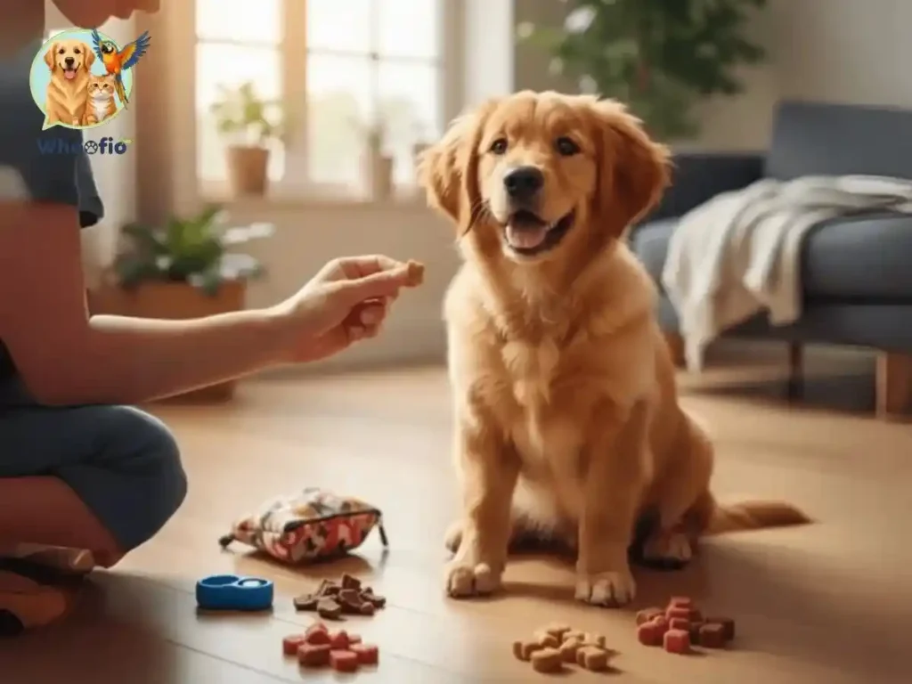 A person giving a small reward to a sitting Golden Retriever puppy. Best Treats for Puppy Training guide by Whoofio.