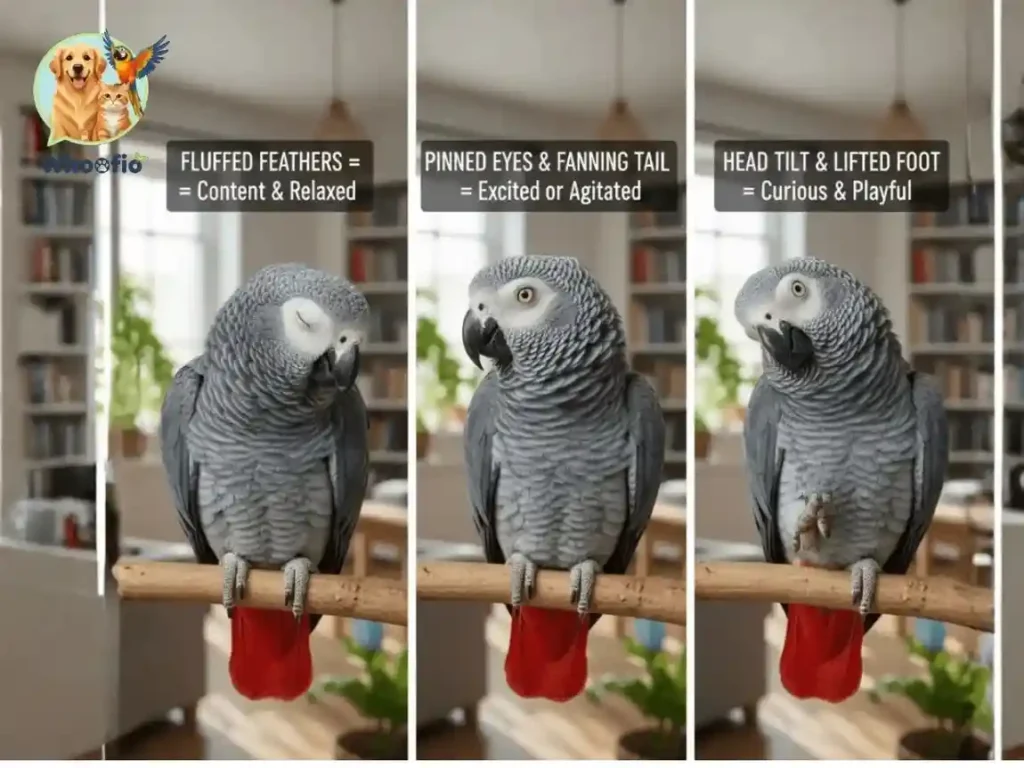 A three-panel infographic of an African Grey parrot showing different postures like fluffed feathers and head tilts to illustrate bird body language explained by Whoofio.