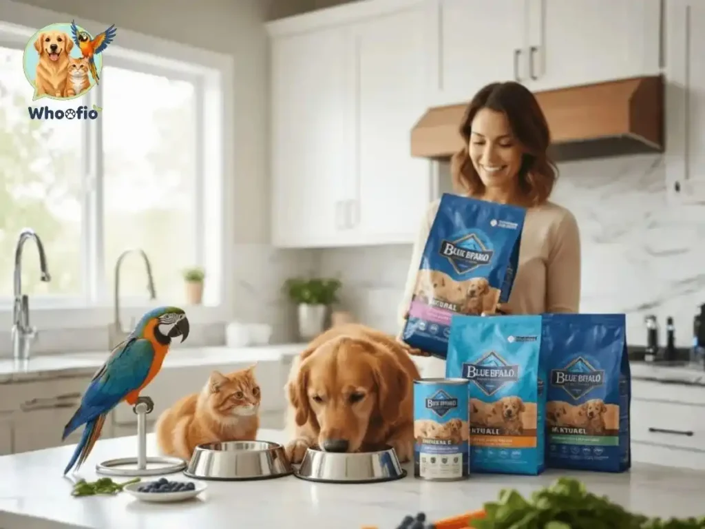 A woman in a kitchen with a Golden Retriever eating from a bowl, a ginger cat, and a parrot, displaying various Blue Buffalo dry and canned pet food bags, featuring the Whoofio logo.
