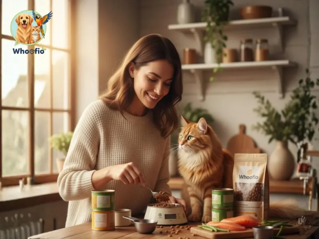 A woman preparing a meal for an orange tabby cat in a kitchen next to Whoofio branded cat food. Cat Food & Diet Recommendations guide for cat lovers.