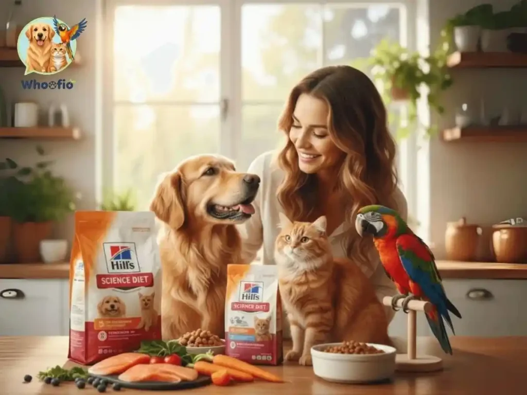 A smiling woman in a bright kitchen with a Golden Retriever, a ginger cat, and a macaw parrot, displaying bags of Hill’s Science Diet food next to fresh ingredients, featuring the Whoofio logo.
