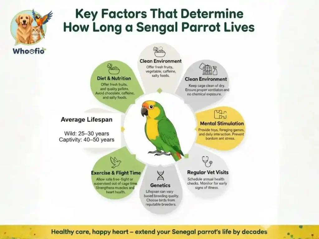 Infographic titled "Key Factors That Determine How Long a Senegal Parrot Lives" detailing diet, clean environment, mental stimulation, vet visits, genetics, exercise, and average lifespan.