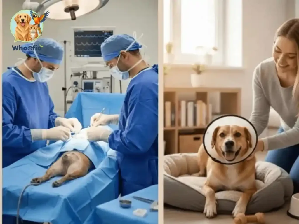 A split image showing veterinarians performing surgery and a dog recovering at home in a cone. How long does it take to spay a dog guide by Whoofio.