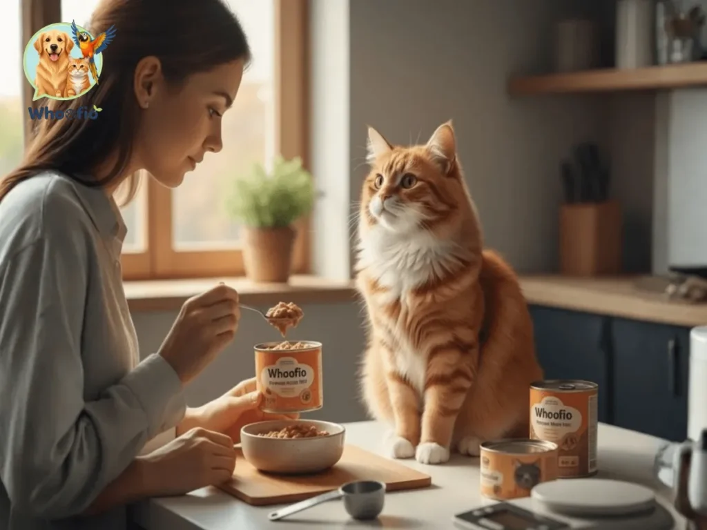 A woman serving Whoofio canned food into a bowl for a fluffy orange cat. How much wet food to feed a cat guide for pet parents.