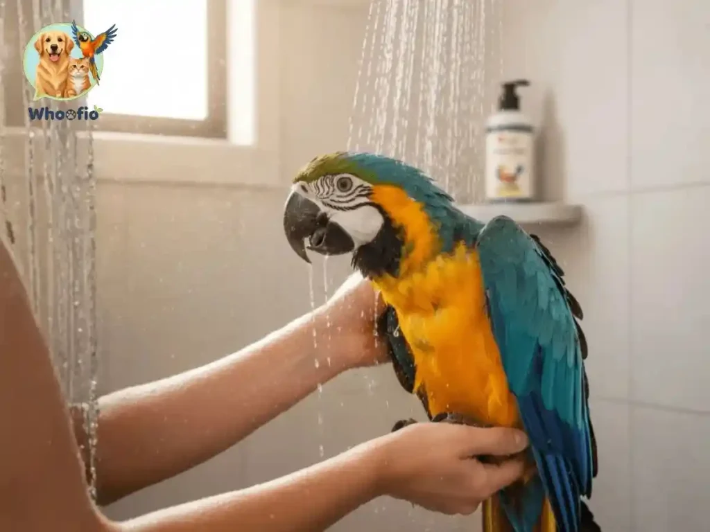 A blue and gold macaw parrot being gently held under a light stream of water in a shower, illustrating how to bathe a parrot, featuring the Whoofio logo.