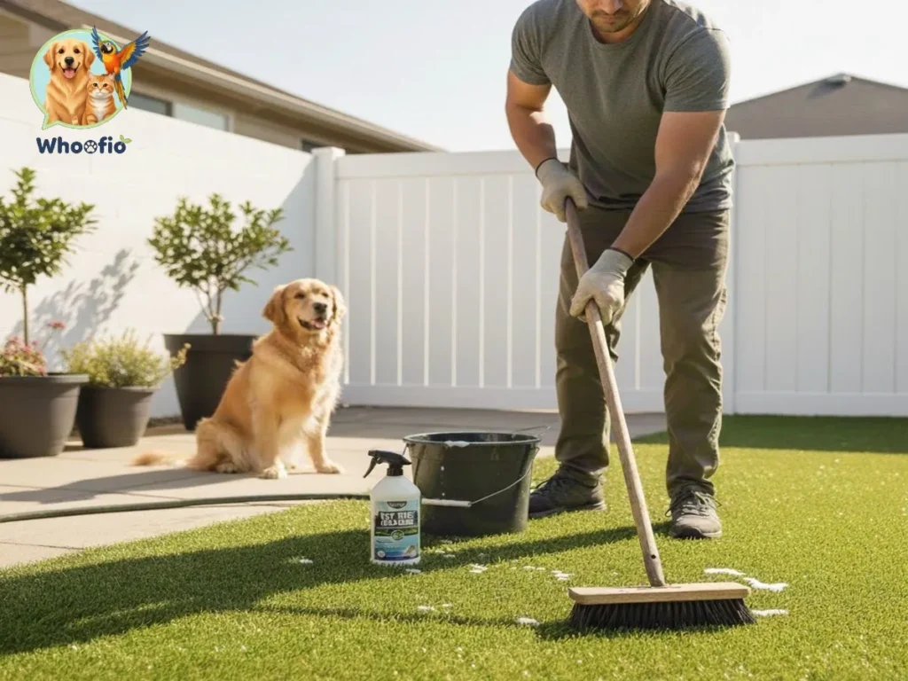 A man using a scrub brush, bucket, and specialized cleaning spray to show how to clean pet turf on a sunny backyard lawn while a Golden Retriever sits nearby.