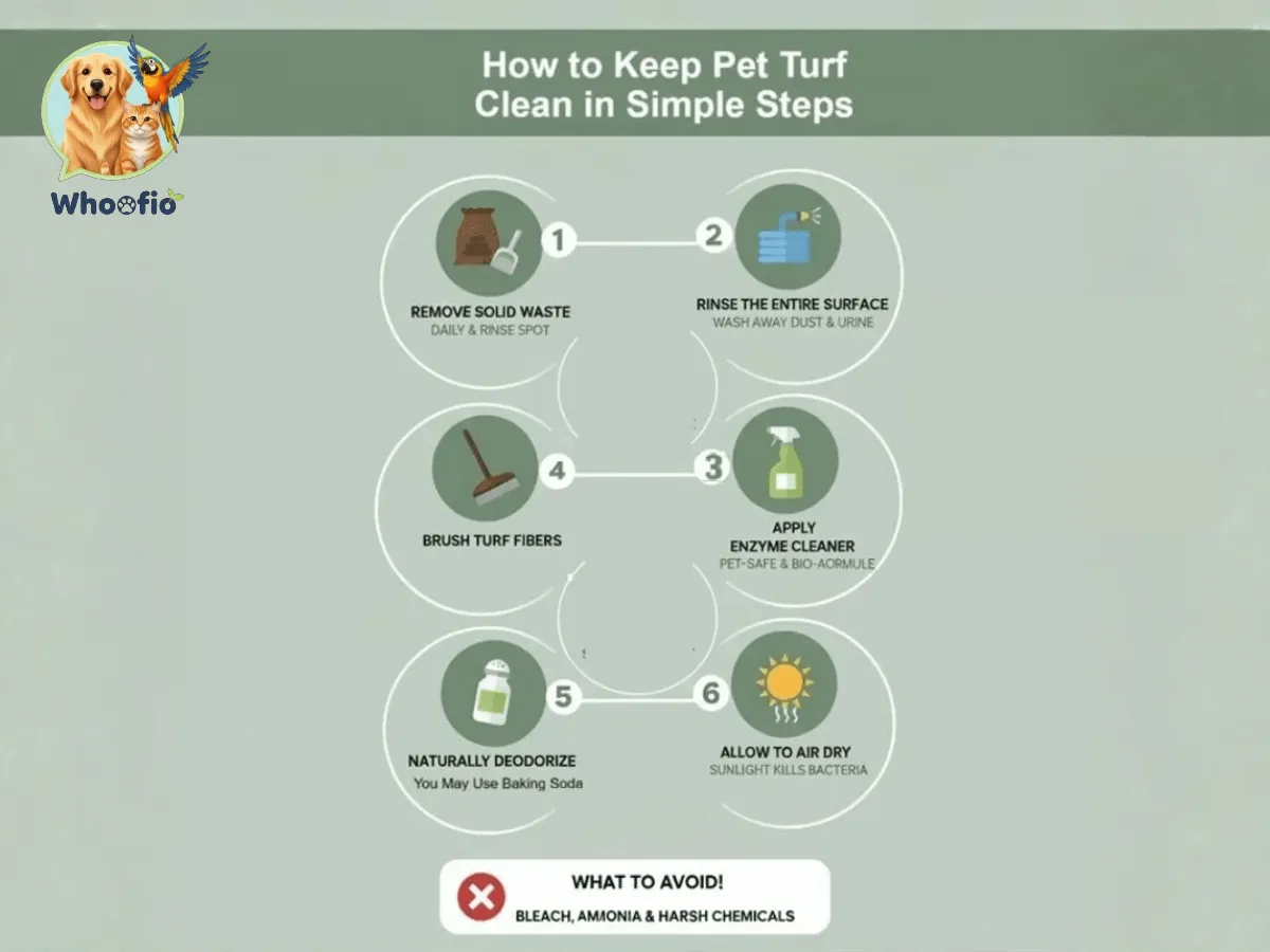 Infographic showing how to clean pet turf in 6 steps including removing waste, rinsing, applying enzyme cleaner, and deodorizing.