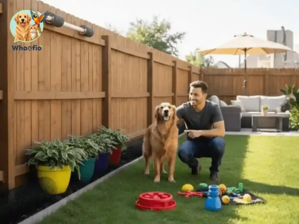 A golden retriever standing in a backyard with a high wooden fence and various training tools to prevent jumping.