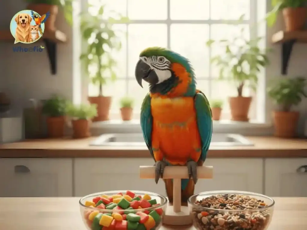 A colorful macaw parrot perched behind two bowls—one filled with colorful nutritional pellets and the other with traditional seeds—to illustrate a pellet vs seed diet for parrots comparison by Whoofio.