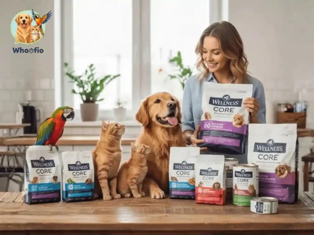 A smiling woman at a table surrounded by a Golden Retriever, cats, and a parrot, displaying various bags and cans of Wellness Core pet food with the Whoofio logo.