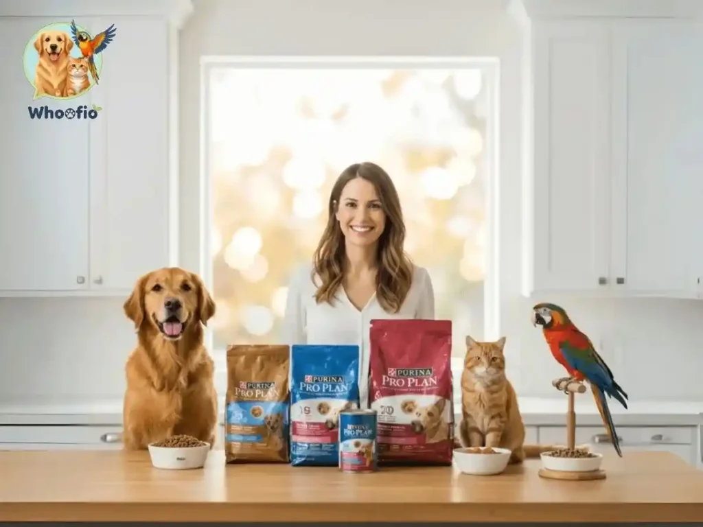 A smiling woman in a home setting with a Golden Retriever, two cats, and a parrot, surrounded by Purina Pro Plan dry and wet food products, featuring the Whoofio logo.