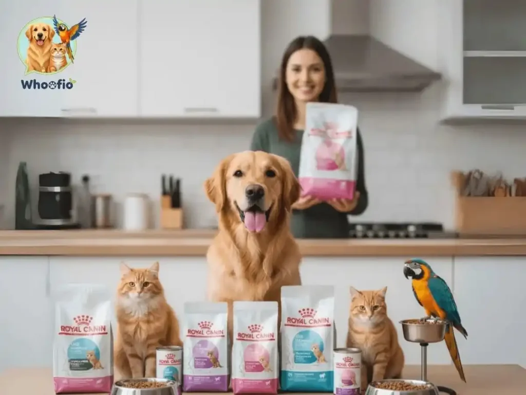 A smiling woman in a kitchen with a Golden Retriever, two cats, and a parrot, displaying a variety of Royal Canin dry and canned pet food, featuring the Whoofio logo.