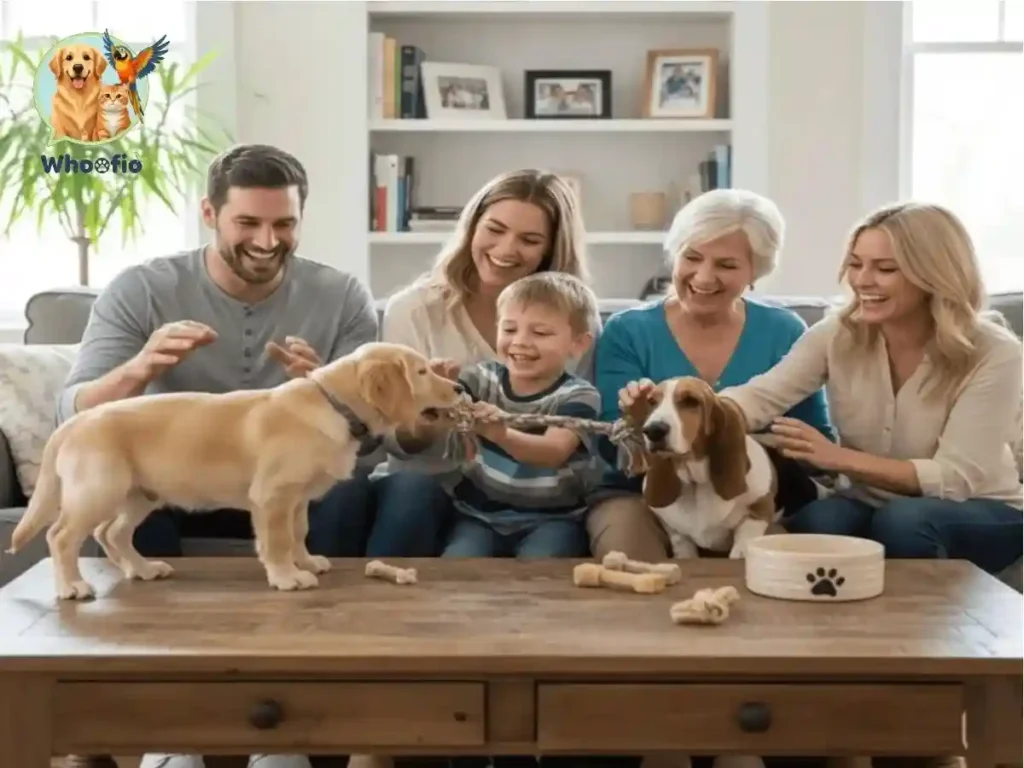 A happy multi-generational family sitting on a sofa and playing with a Golden Retriever puppy and a Basset Hound to illustrate choosing the right pet dog for your family.