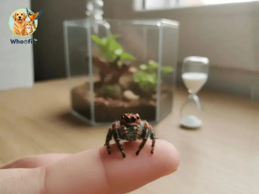A tiny pet jumping spider perched on a human fingertip next to a glass terrarium and an hourglass to illustrate how long do pet jumping spiders live.