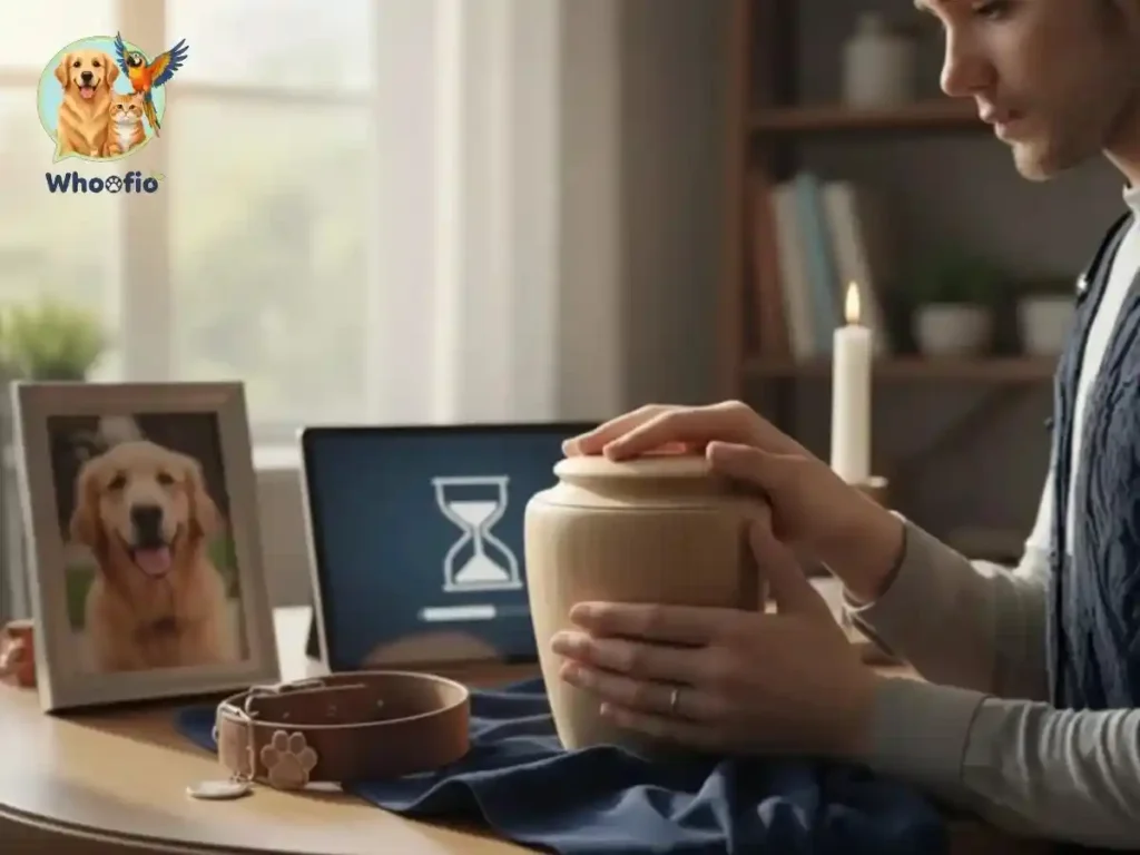 A person holding a wooden pet urn next to a framed photo of a Golden Retriever and a collar. How long does pet cremation take guide by Whoofio.
