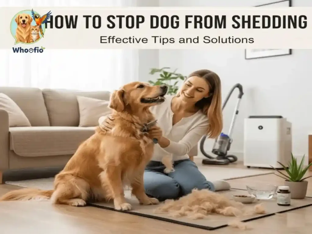 A woman brushing a golden retriever indoors to demonstrate how to stop a dog from shedding using proper grooming tools and techniques.