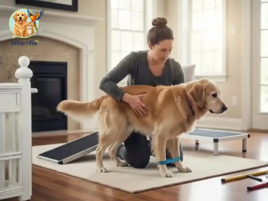 A woman assisting a senior Golden Retriever with leg exercises using a resistance band on a rug. How to strengthen old dogs hind legs guide by Whoofio.