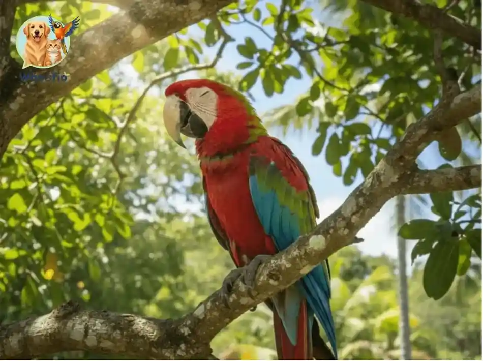 A colorful Macaw parrot perched on a tree branch in a sun-drenched forest, demonstrating how natural sunlight for parrots is part of their wild habitat.