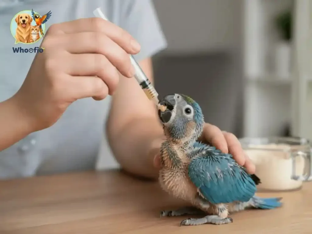 A close-up photo of a person hand-feeding a young baby parrot using a syringe to demonstrate what baby parrots eat for healthy growth.