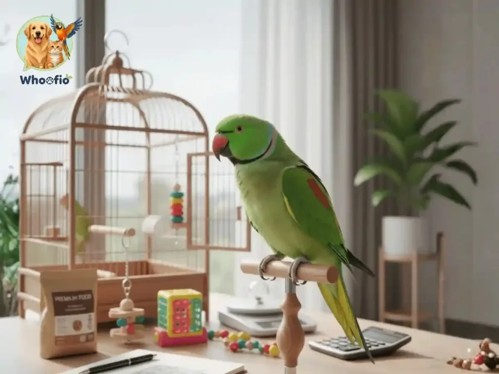 A high-quality image demonstrating what baby parrots eat, featuring a young Indian Ringneck parrot during a hand-feeding session with specialized avian formula.