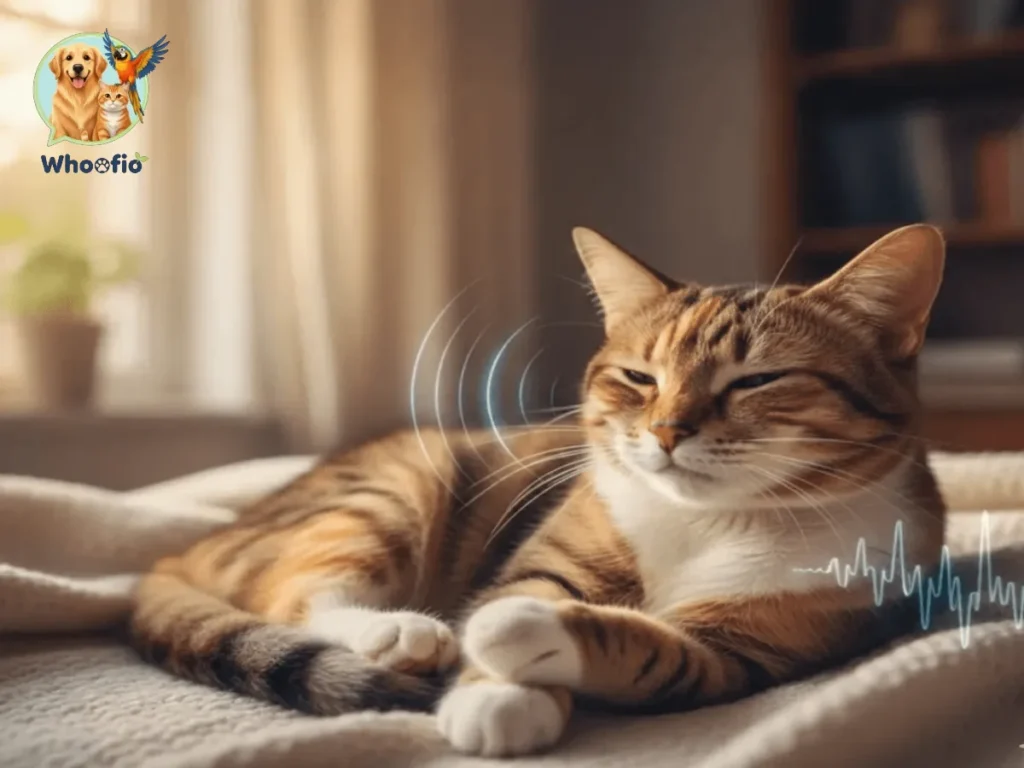Content tabby cat lying down with visual sound waves illustrating a purr. Why Do Cats Purr? Whoofio guide for cat owners.