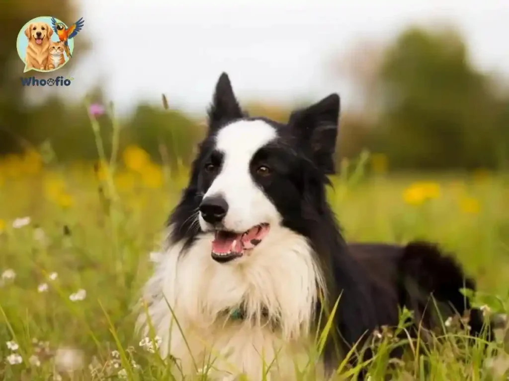 A black and white Border Collie lying in a field of yellow wildflowers. Everything You Should Know About Border Collie guide by Whoofio.