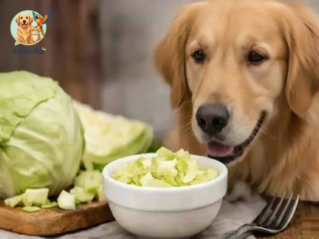 Golden Retriever dog looking at a bowl of chopped cabbage on a table. Can Dogs Eat Cabbage? Whoofio guide for pet owners.