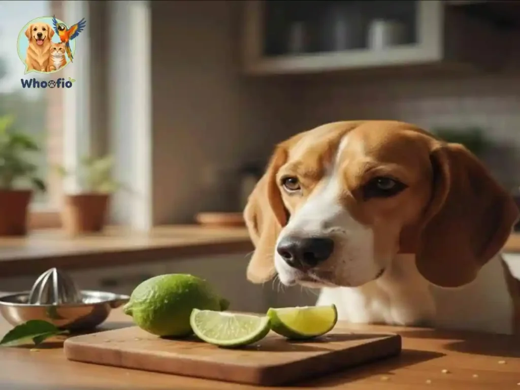 Curious Beagle looking at sliced limes on a wooden board. Can dogs eat lime? Whoofio safety guide for pet owners.