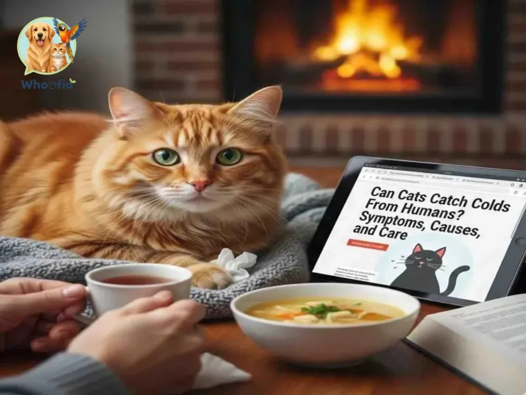 Orange tabby cat resting by a fireplace with a tablet showing a guide on colds from humans. Whoofio feline health tips.