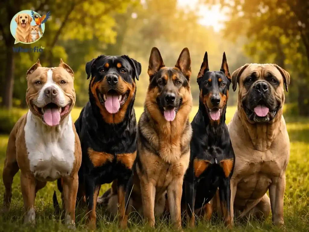 Group of various dogs including a Rottweiler and German Shepherd. Dangerous Dog Breeds in-depth analysis by Whoofio.
