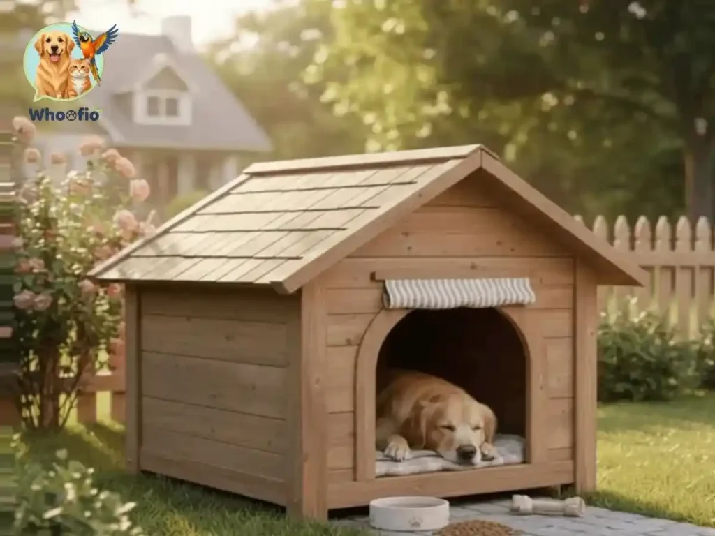 A golden retriever sleeping comfortably inside a modern wooden dog house in a sunny backyard. Dog House history and selection guide by Whoofio.