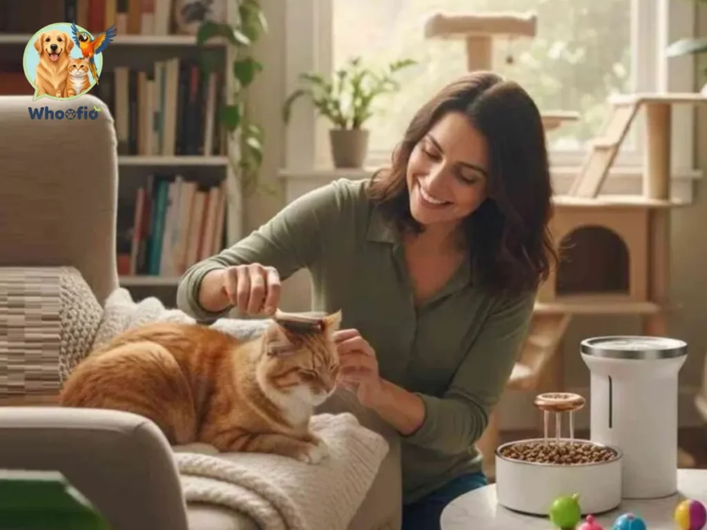 A woman smiling while brushing a ginger pet cat on a sofa to show essential grooming and bonding responsibilities.
