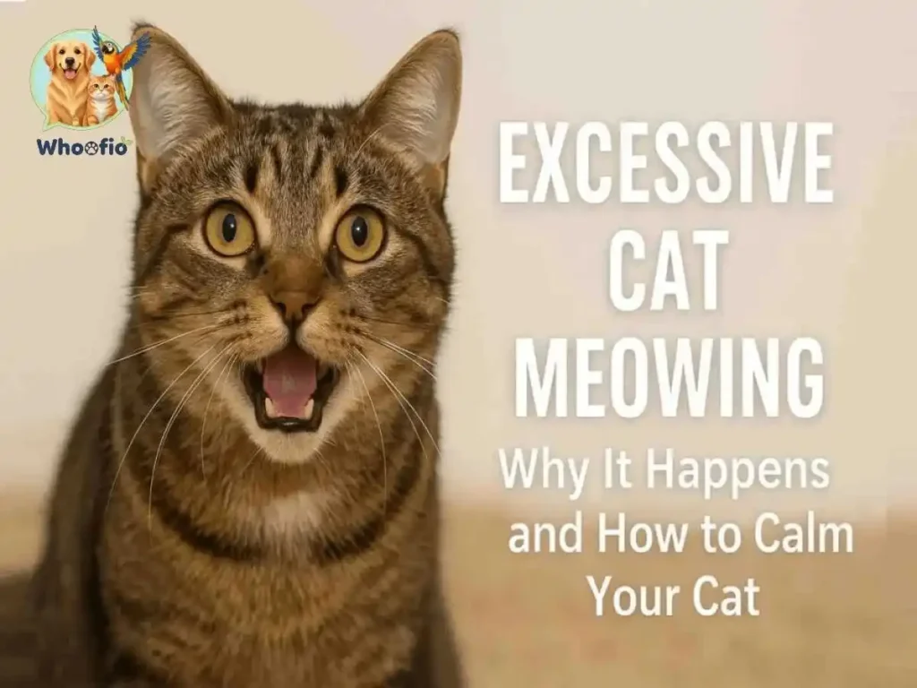 A vocal tabby cat with its mouth open, illustrating the guide on excessive cat meowing by Whoofio.