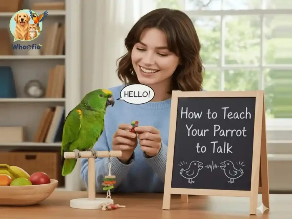 A smiling woman using a small chalkboard and treats to show how to teach your parrot to talk to a green Amazon parrot saying "Hello," featuring the Whoofio logo.