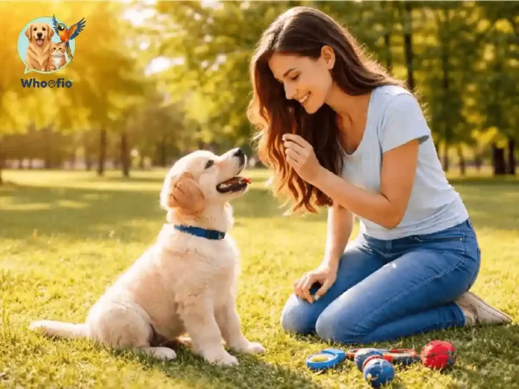 A woman kneeling on the grass in a sunny park using positive reinforcement treats to teach a young Golden Retriever puppy how to sit, featuring the Whoofio logo.