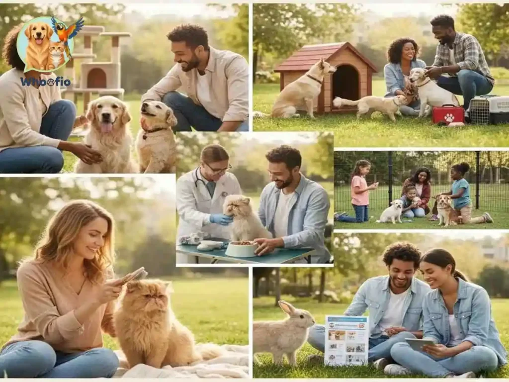 Collage of pet owners caring for dogs, cats, and rabbits, including vet visits and grooming. 10 Key Responsibilities for pet owners by Whoofio.