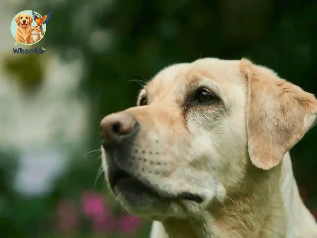 A close-up profile shot of a loyal yellow Labrador Retriever looking off into the distance, representing the Labrador Retrievers breed guide by Whoofio.