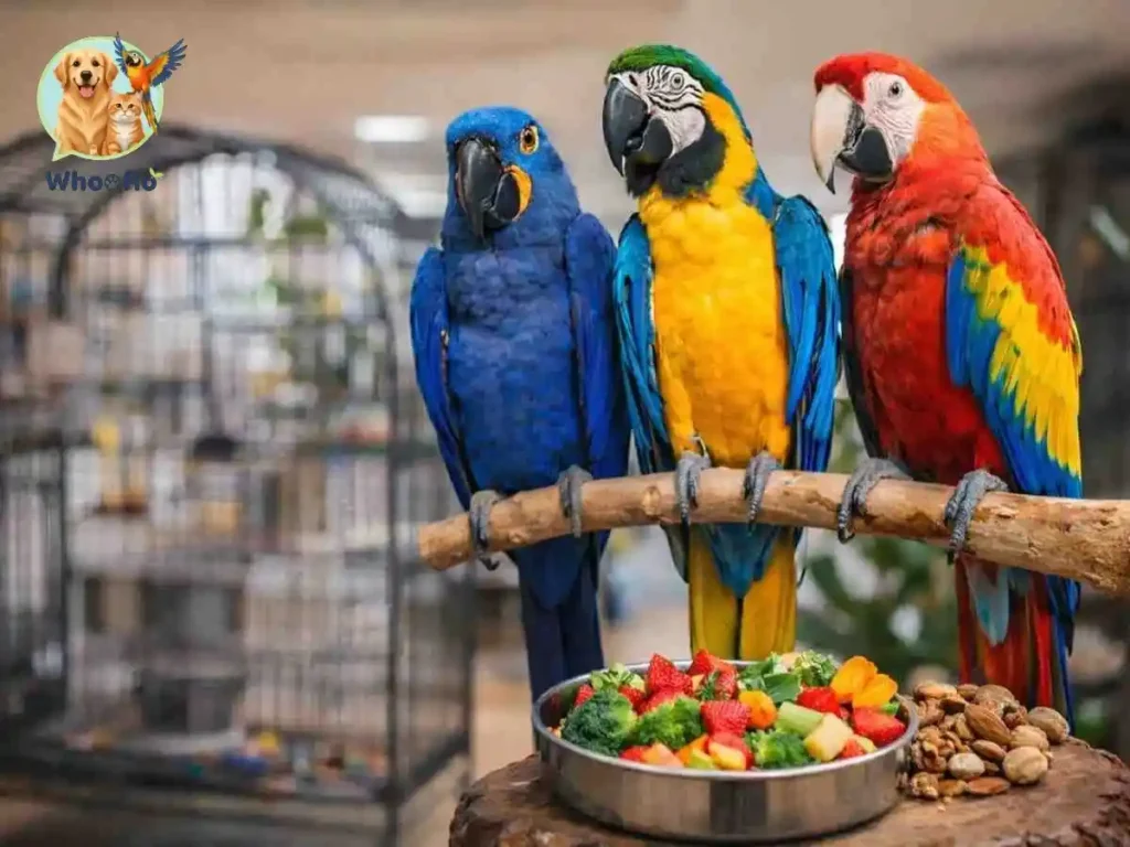 A vibrant Blue and Gold Macaw parrot perched on a branch. Everything You Need to Know About Macaw Parrots by Whoofio.