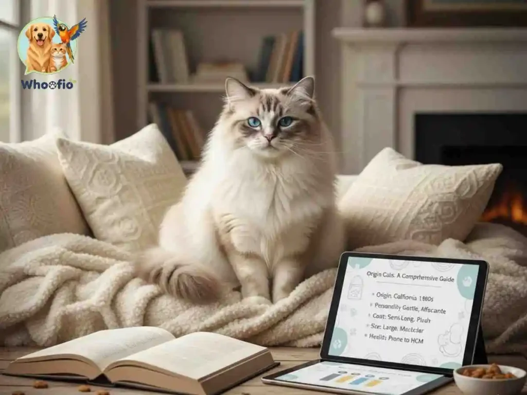 Fluffy Ragdoll cat sitting on a couch next to a digital guide. Everything you need to know about Ragdoll Cats by Whoofio.