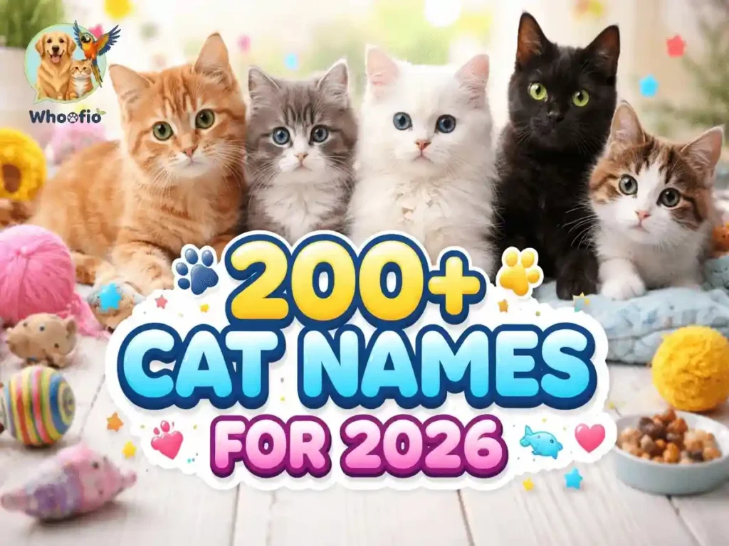 A group of five fluffy kittens of different colors sitting together, illustrating a guide for Cat Names for 2026 by Whoofio.