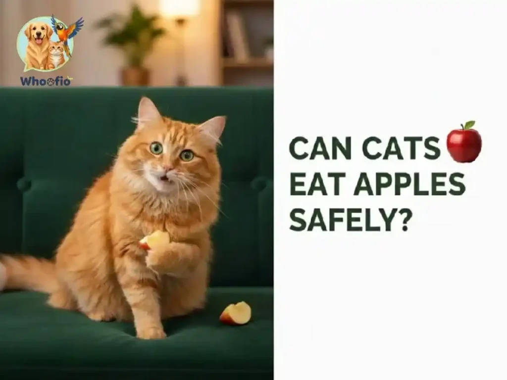 A fluffy ginger cat sitting on a green sofa holding a small apple slice, illustrating the Whoofio guide on can cats eat apples.