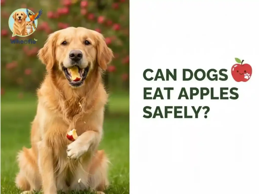 A happy Golden Retriever sitting in a grassy field eating a fresh red apple slice, illustrating the guide on can dogs eat apples.