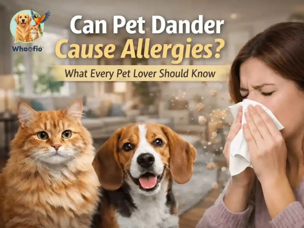 A woman sneezing into a tissue next to a fluffy ginger cat and a beagle dog to illustrate the question can pet dander cause allergies, featuring the Whoofio logo.