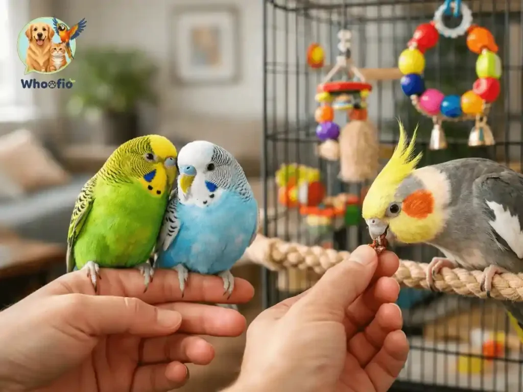 A close-up of two colorful budgies perched on a person's hand next to a cockatiel eating a treat, illustrating the joy of having birds as pets, featuring the Whoofio logo.
