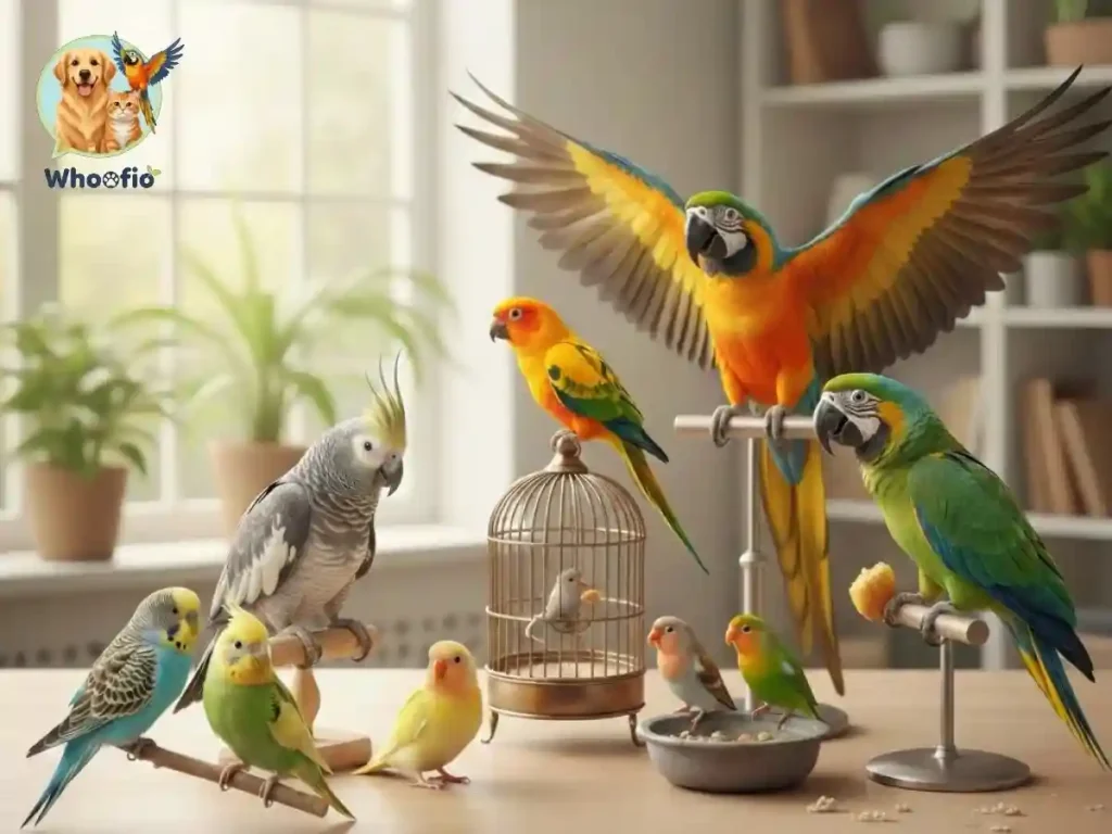 A vibrant collection of pet birds including a Macaw with wings spread, an African Grey, cockatiels, budgies, and lovebirds perched in a bright room, featuring the Whoofio logo.