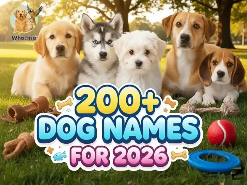 A group of diverse puppies, including a Golden Retriever, Husky, and Beagle, sitting in a park with the text '200+ Dog Names for 2026'.