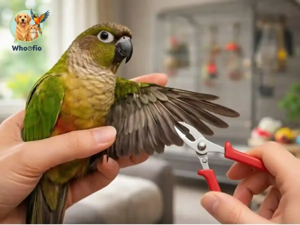 A close-up of a person's hands using specialized grooming scissors to demonstrate safe wing clipping in pet birds on a green parrot, featuring the Whoofio logo.
